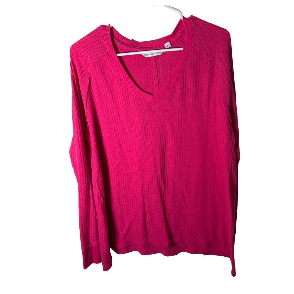 Calvin Klein Jeans T-Shirt Women's XL Pink Thermal Waffle Long Sleeve Top